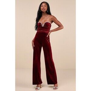 Lulus Fabulous Instinct Burgundy Velvet Pearl Strapless Jumpsuit Red - Size L